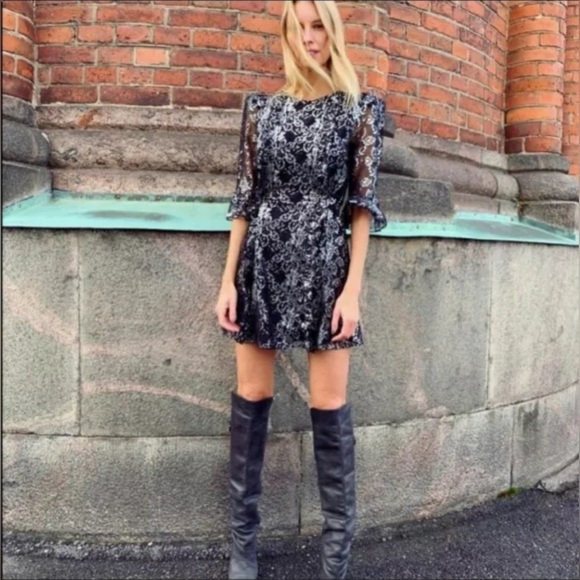 ❤️THE VAMPIRE'S WIFE X H&M MYSTIQUE LACE RUFFLE MINI DRESS BLACK SILVER SIZE S - Picture 8 of 12